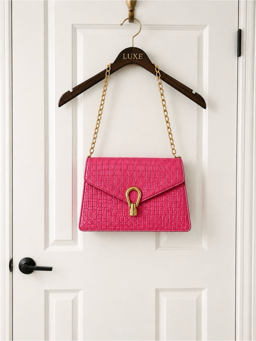 Pink Croc-Embossed Chain Shoulder Bag with Gold Hardware